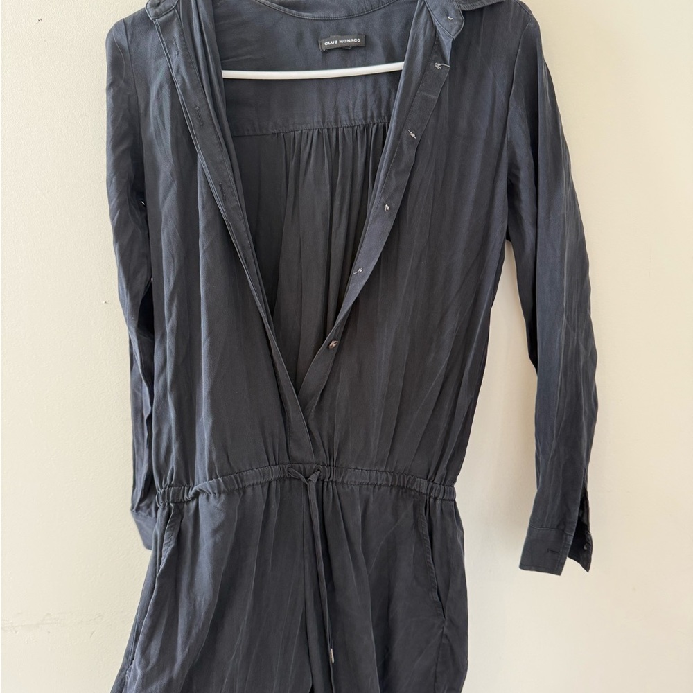 Club Monaco Black Long-Sleeve Jumpsuit with V-Neck